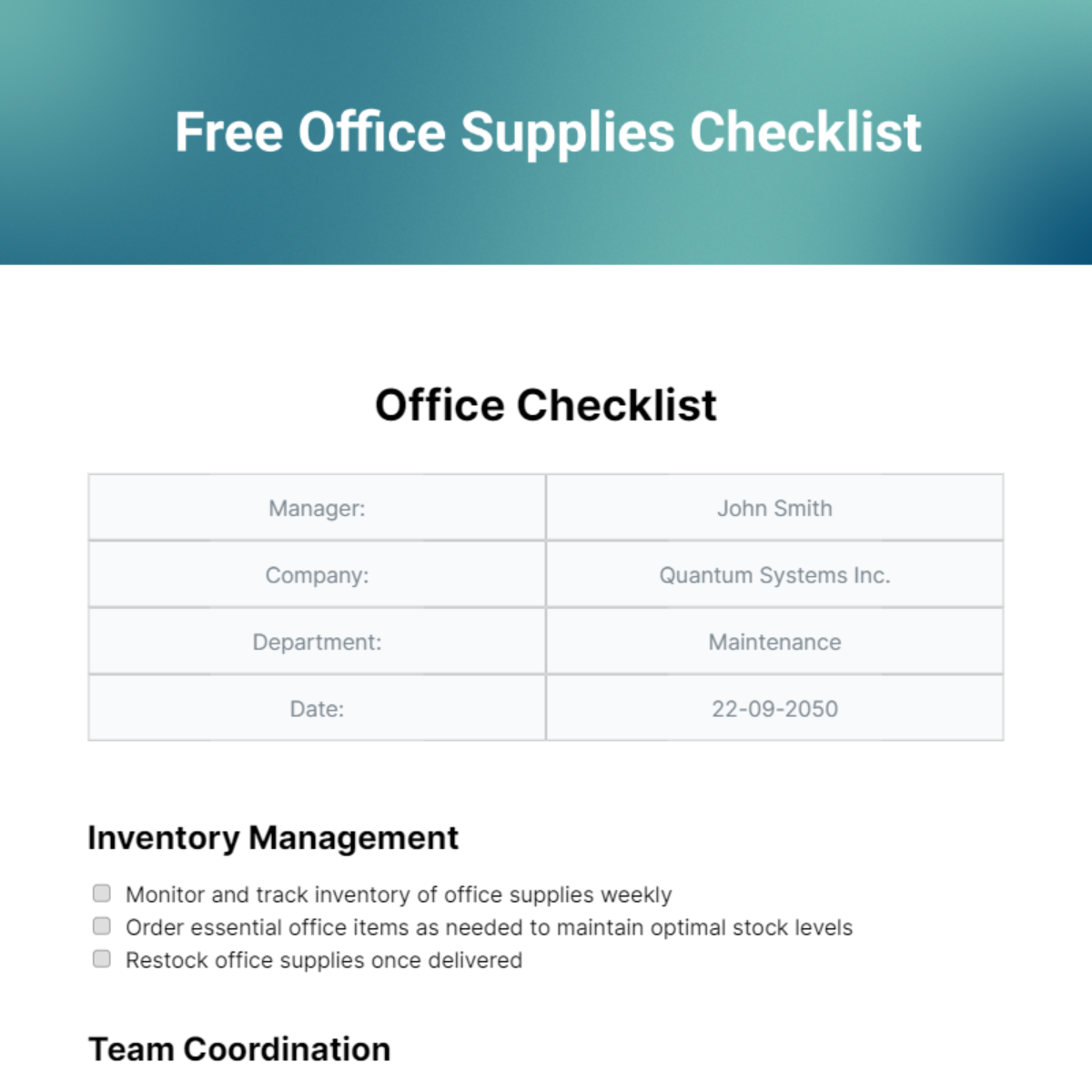 Free Downloadable Office Supply Checklist Form