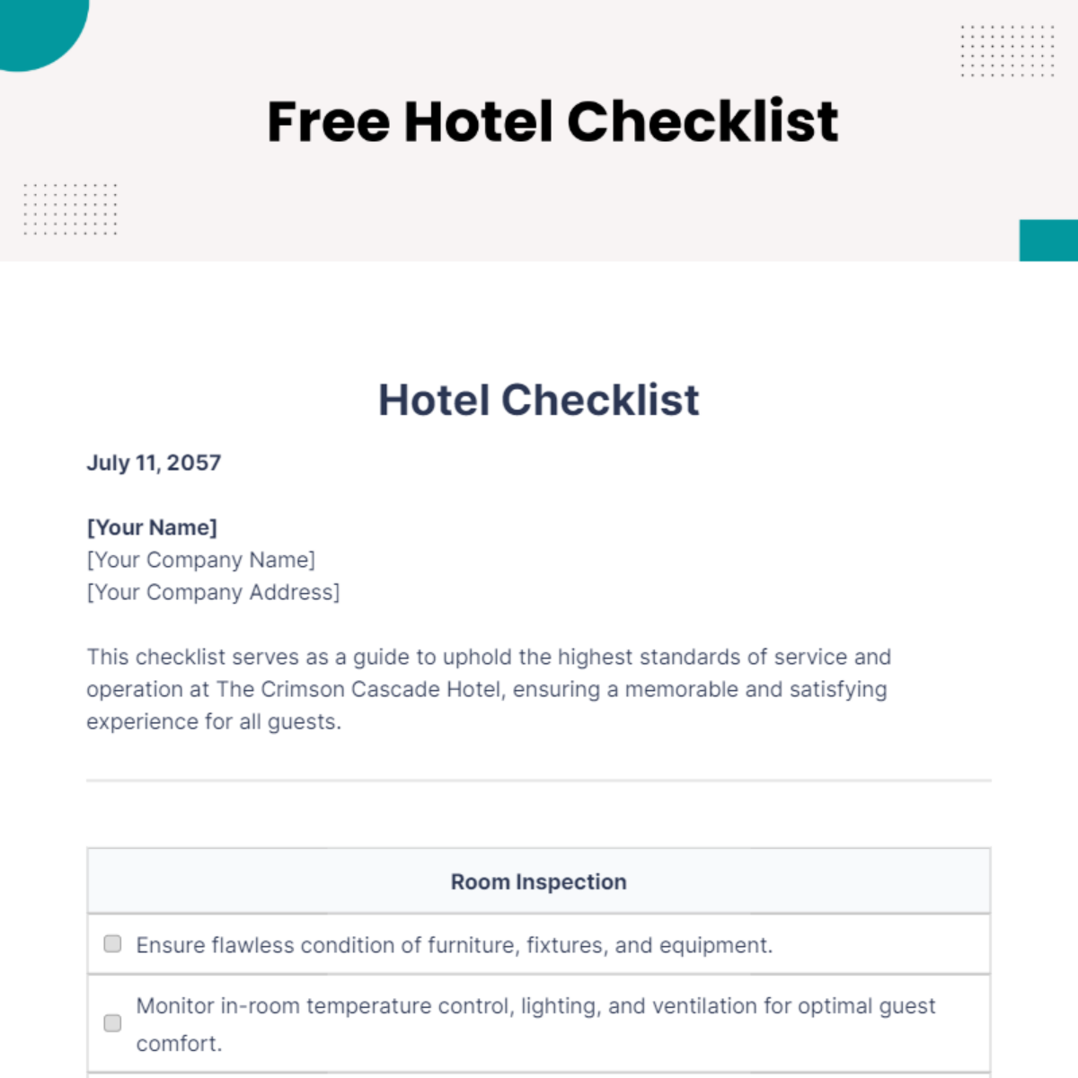 Free Hotel Checklist Template