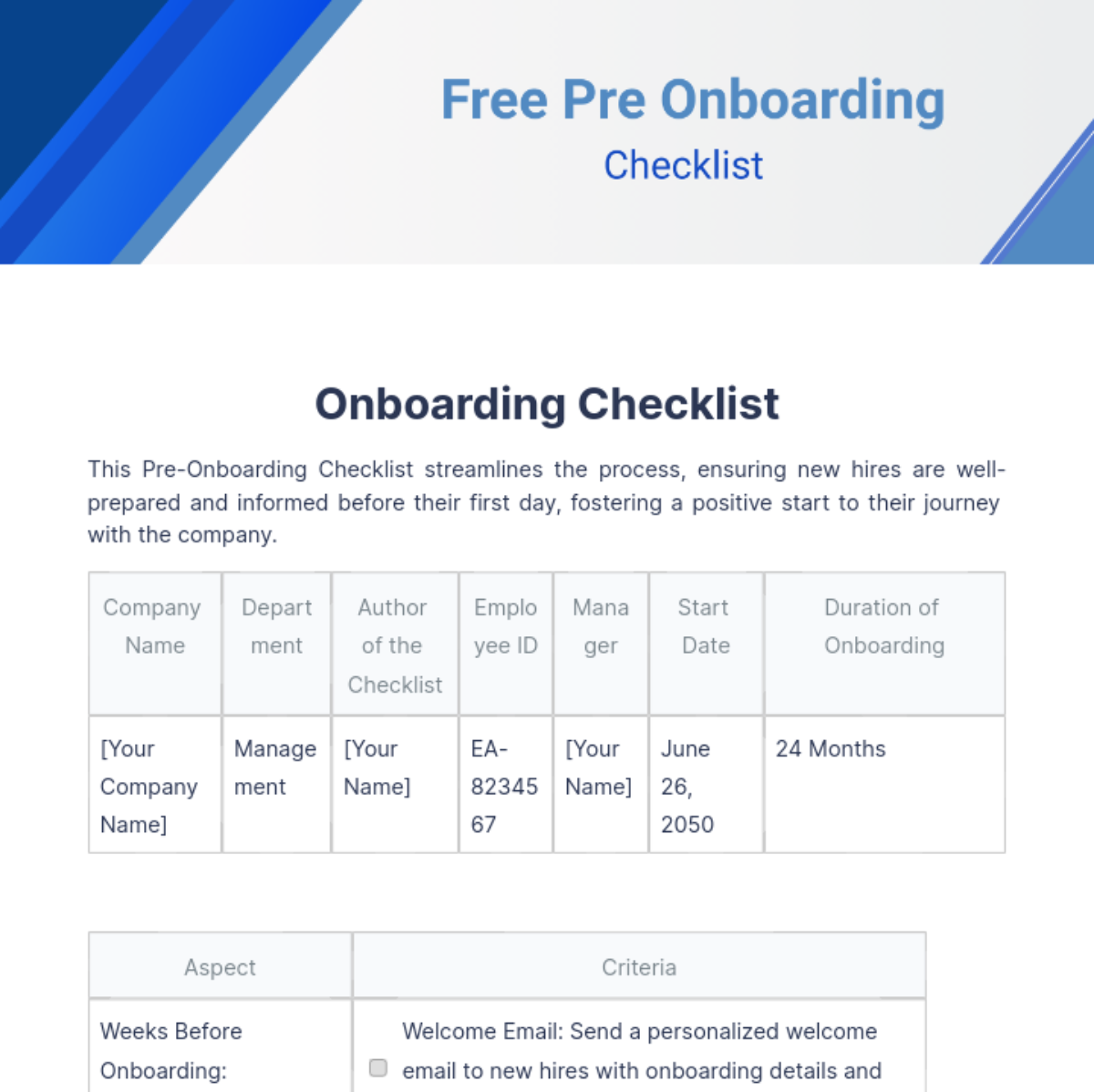 Pre Onboarding Checklist Template