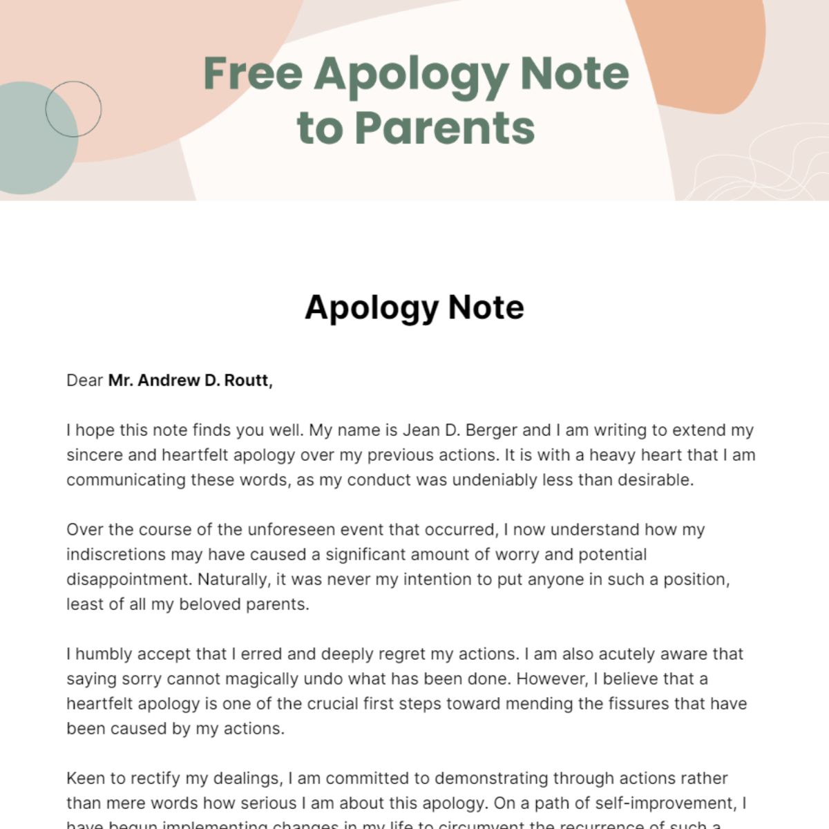 Free Apology Note to Parents Template