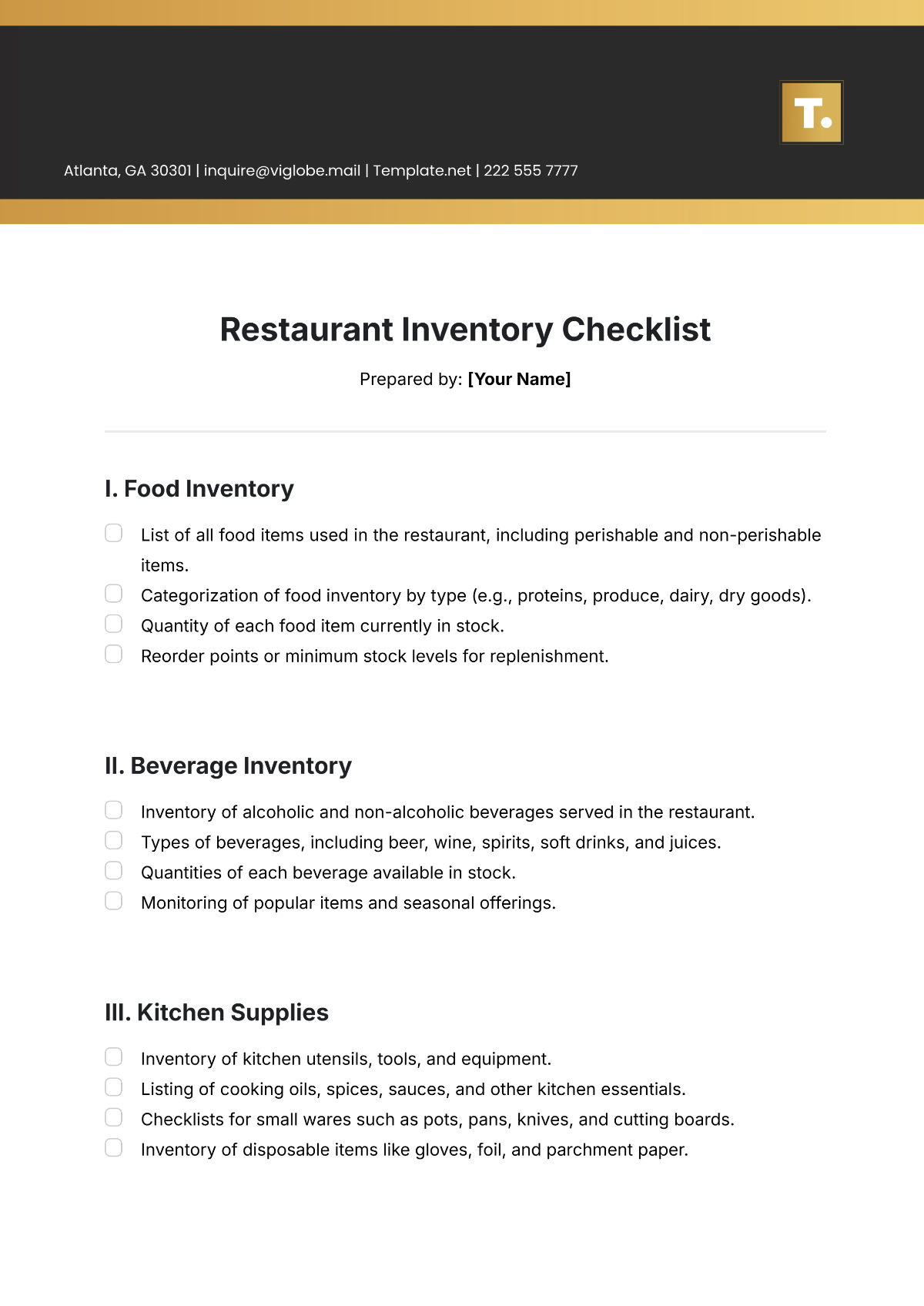 Restaurant Inventory Checklist Template - Edit Online & Download