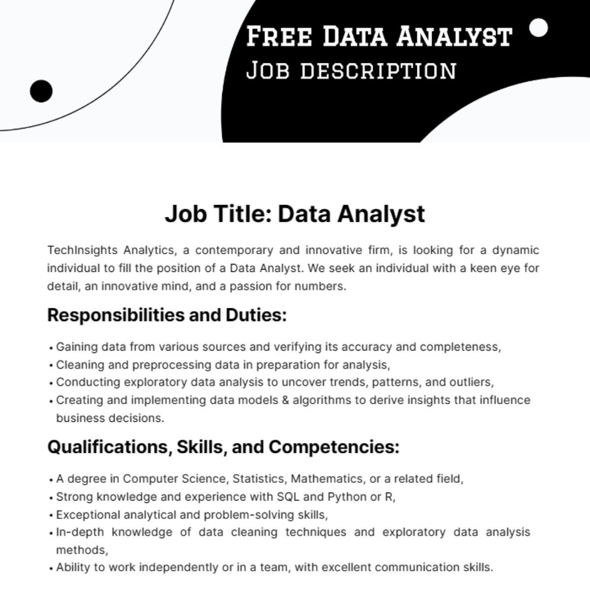 Free Data Analyst Job Description Template
