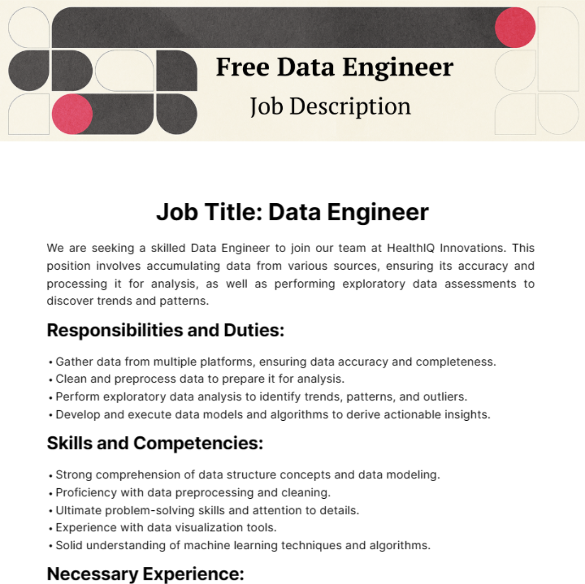 Free Data Engineer Job Description Template