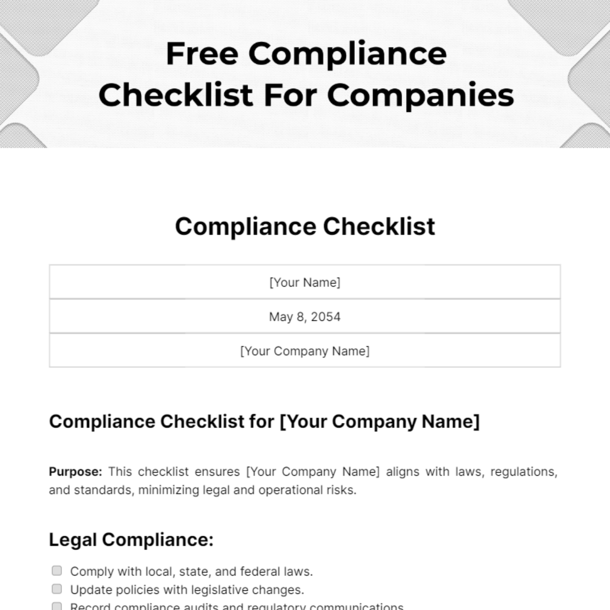 Compliance Checklist For Companies Template