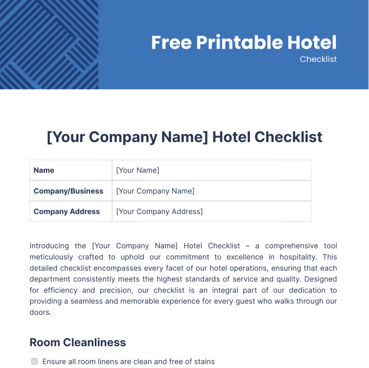 Printable Hotel Checklist Template