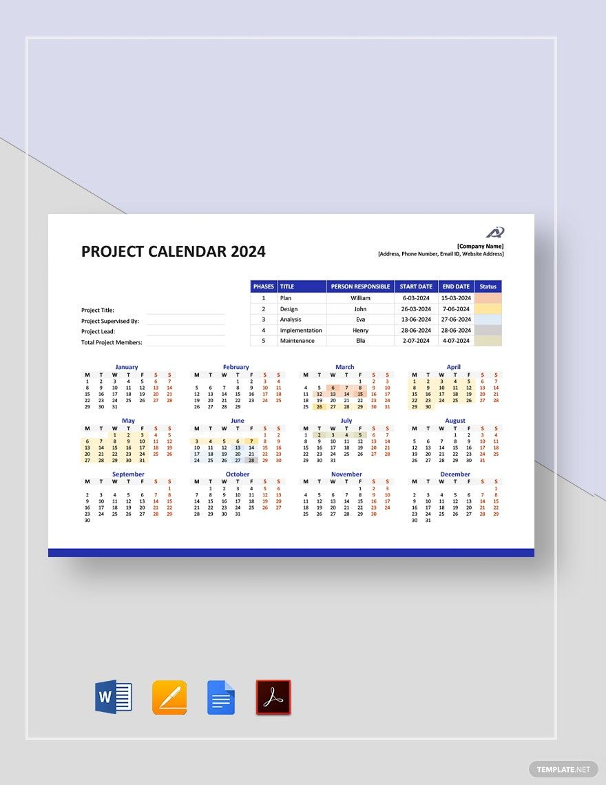 Annual Project Calendar Template Google Docs Word Apple Pages PDF 
