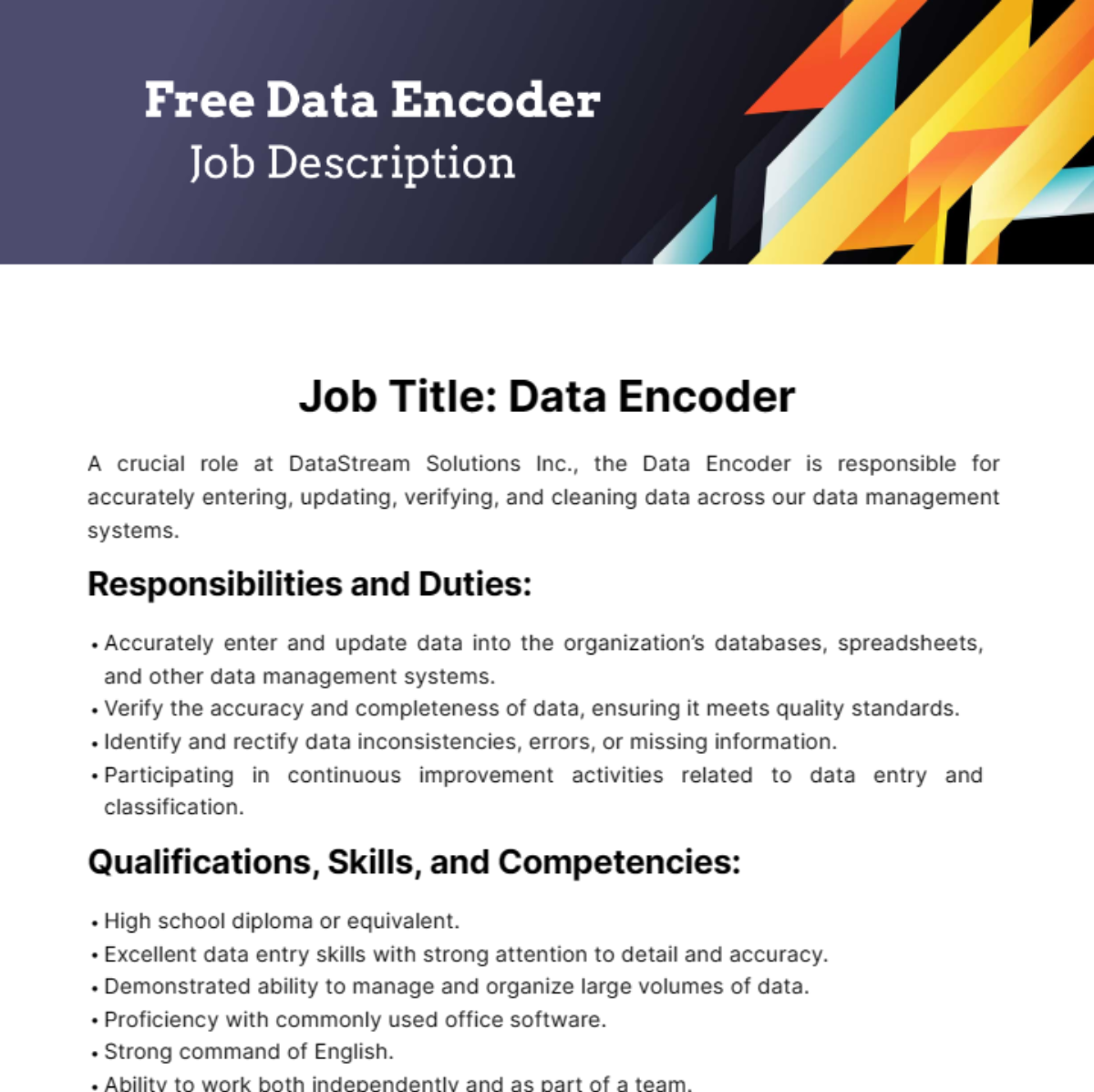 Free Data Encoder Job Description Template