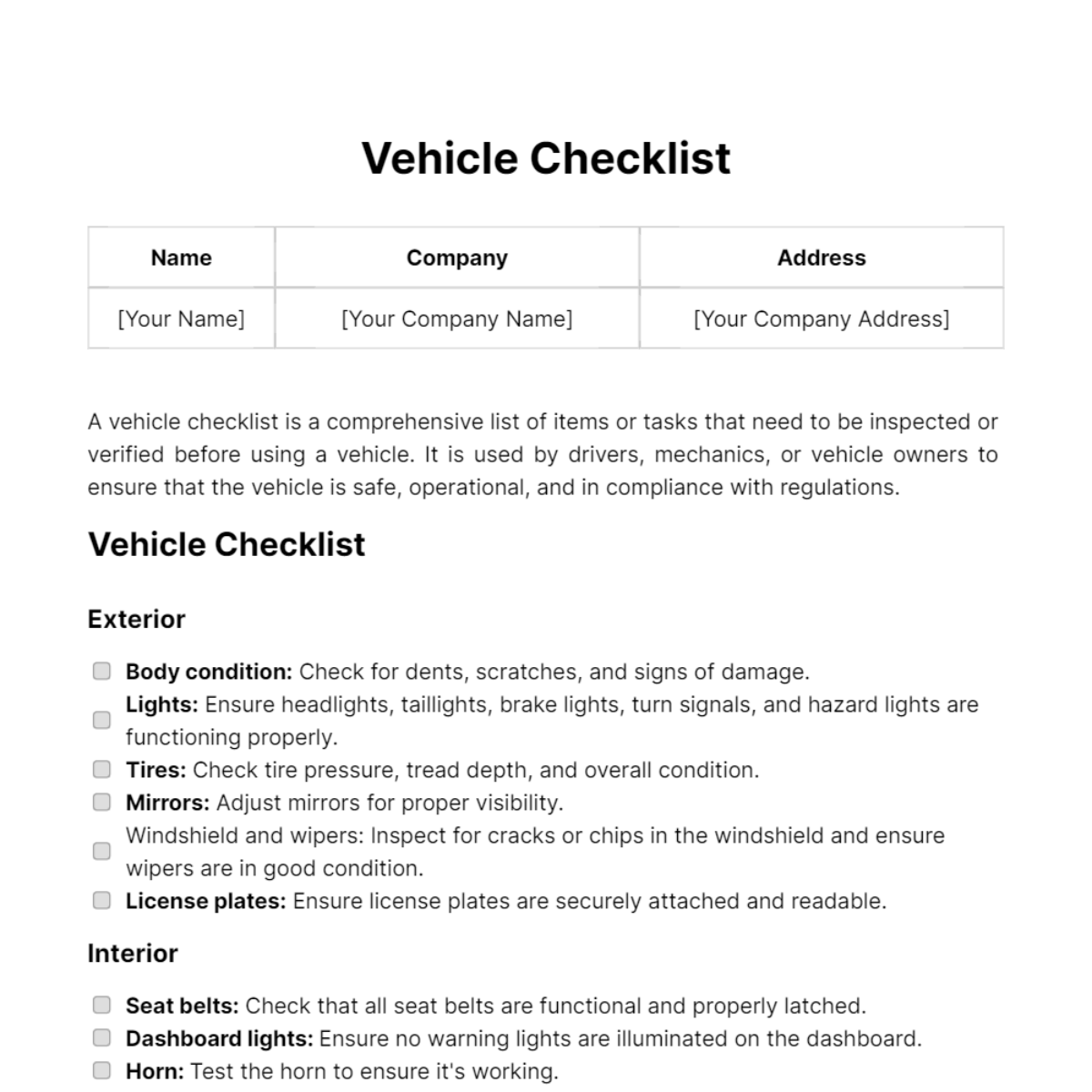 Free Vehicle Checklist Template