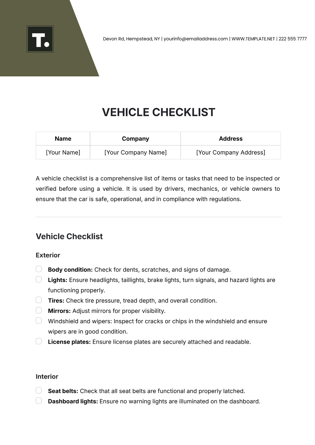 Vehicle Checklist Template - Edit Online & Download