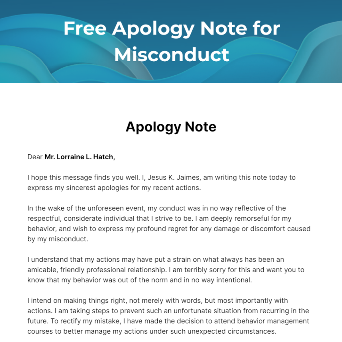 Apology Note for Misconduct Template