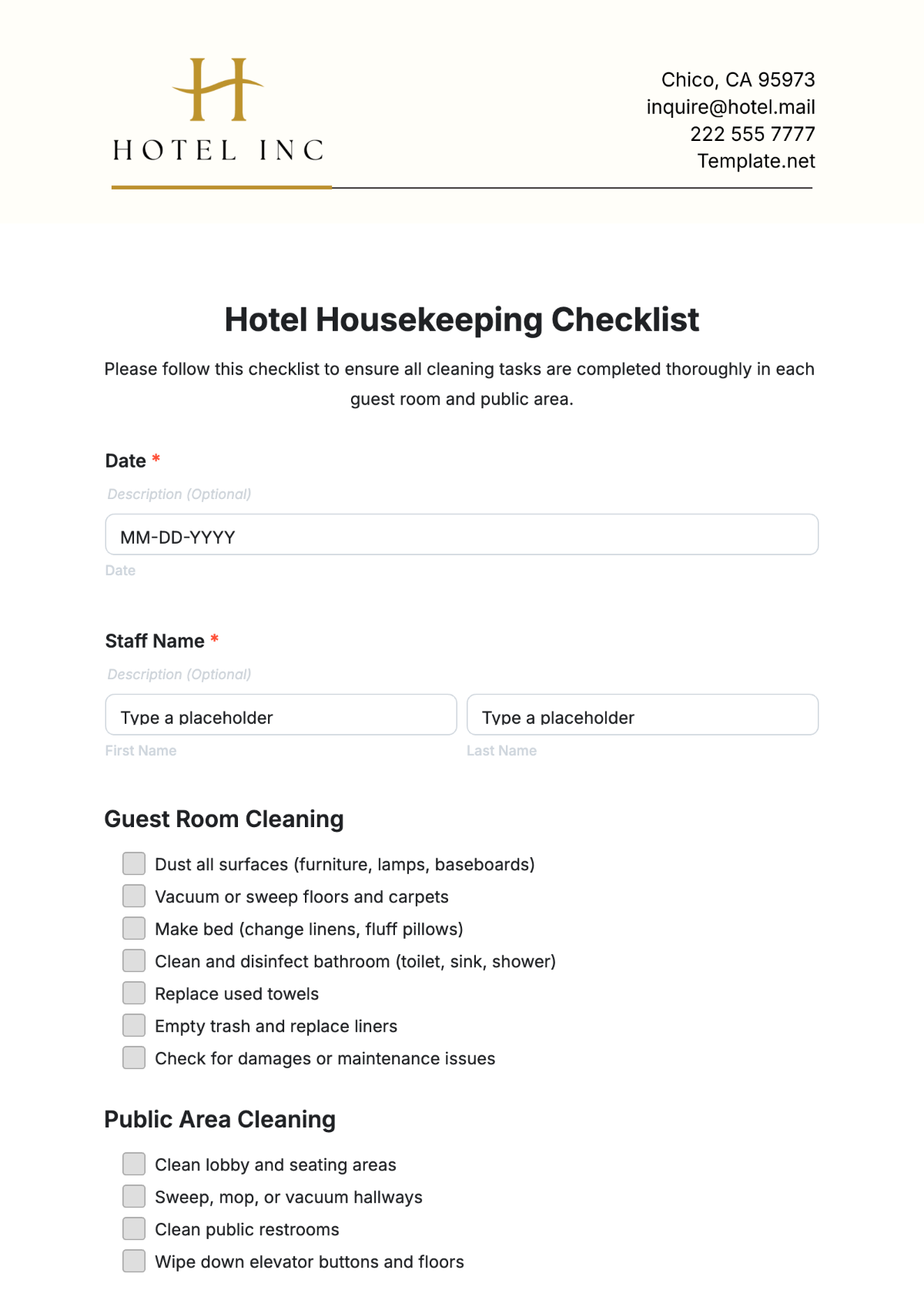 Free Hotel Housekeeping Checklist Template