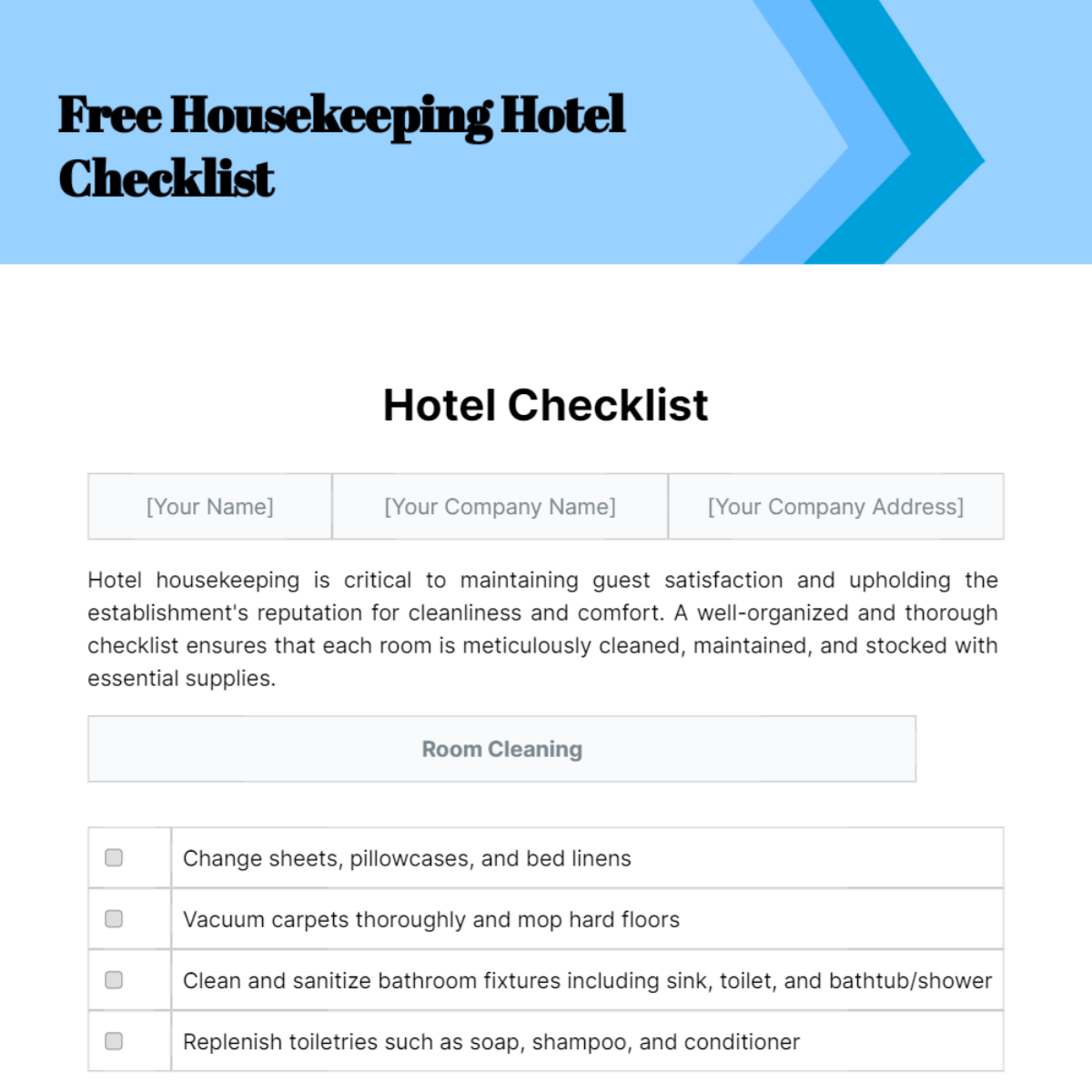 Housekeeping Hotel Checklist Template