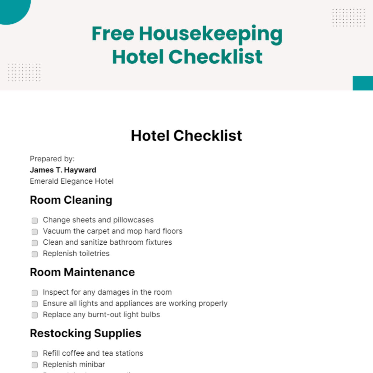 Hotel housekeeping procedures with checklist