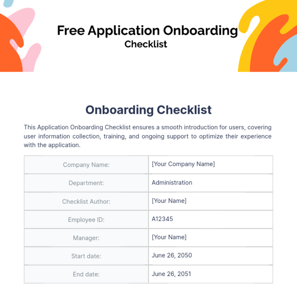 Application Onboarding Checklist Template