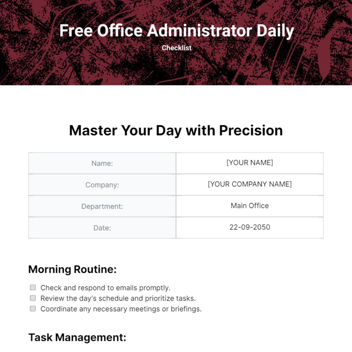 Office Administrator Daily Checklist Template