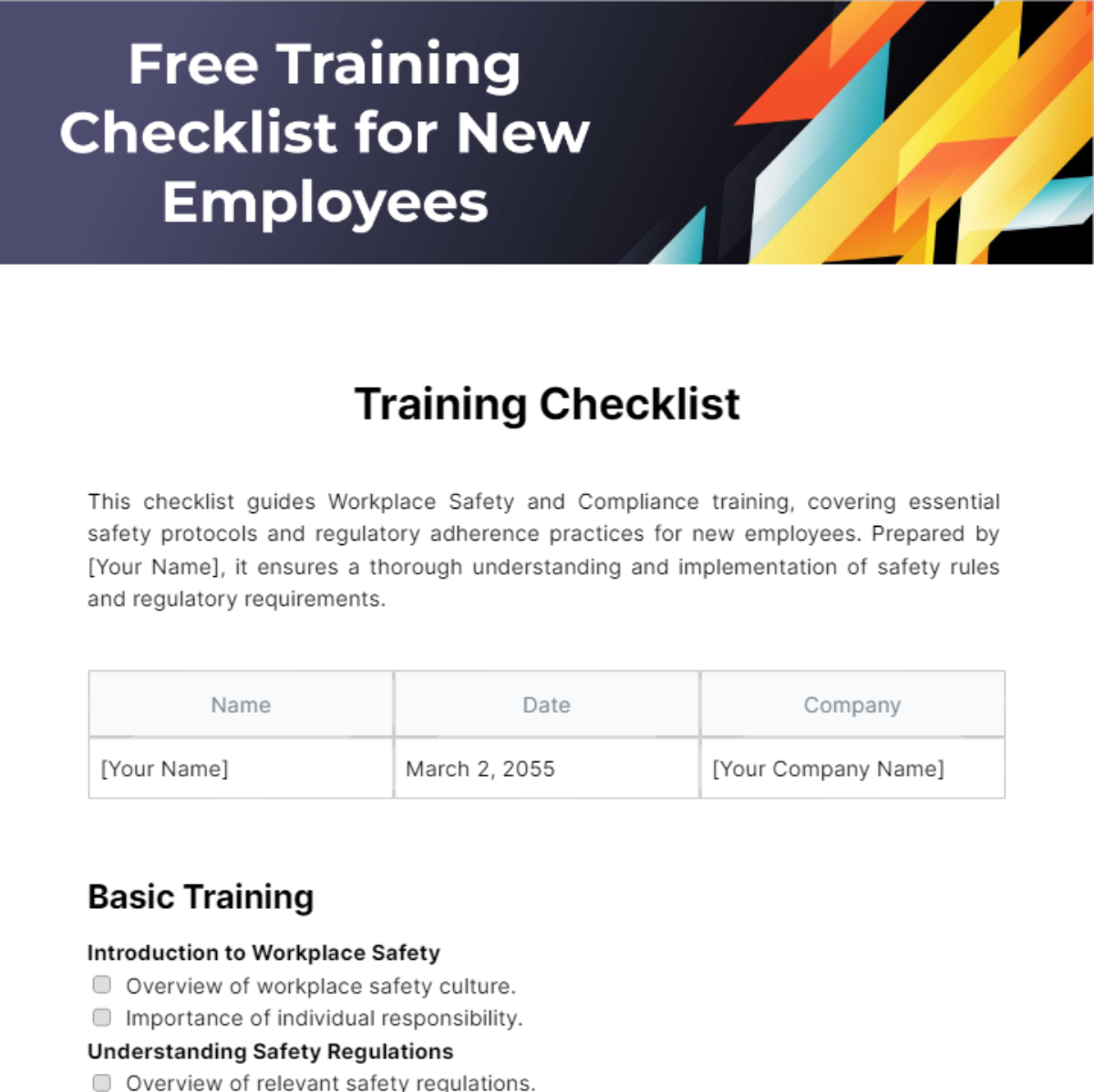 Free Training Checklist for New Employees Template