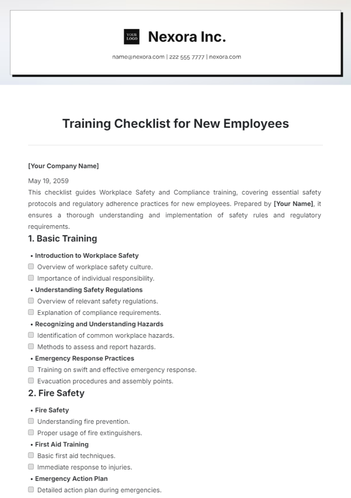 Free Training Checklist for New Employees Template