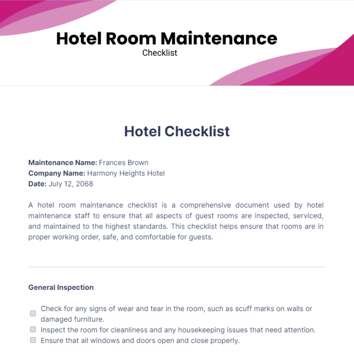 Hotel Room Maintenance Checklist Template