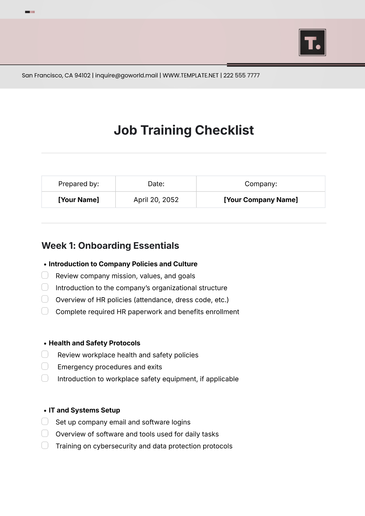 Sample Job Training Checklist Template - Edit Online & Download