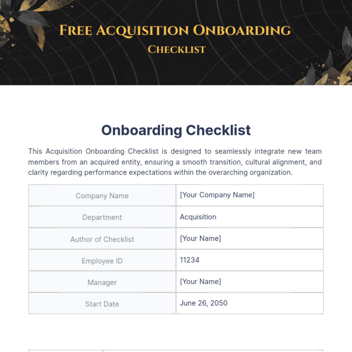 Acquisition Onboarding Checklist Template