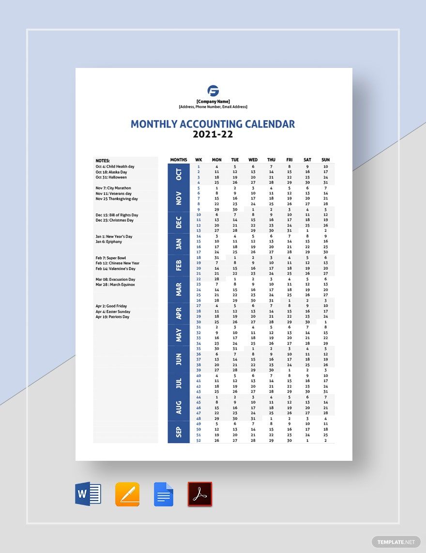 Monthly Accounting Calendar Template