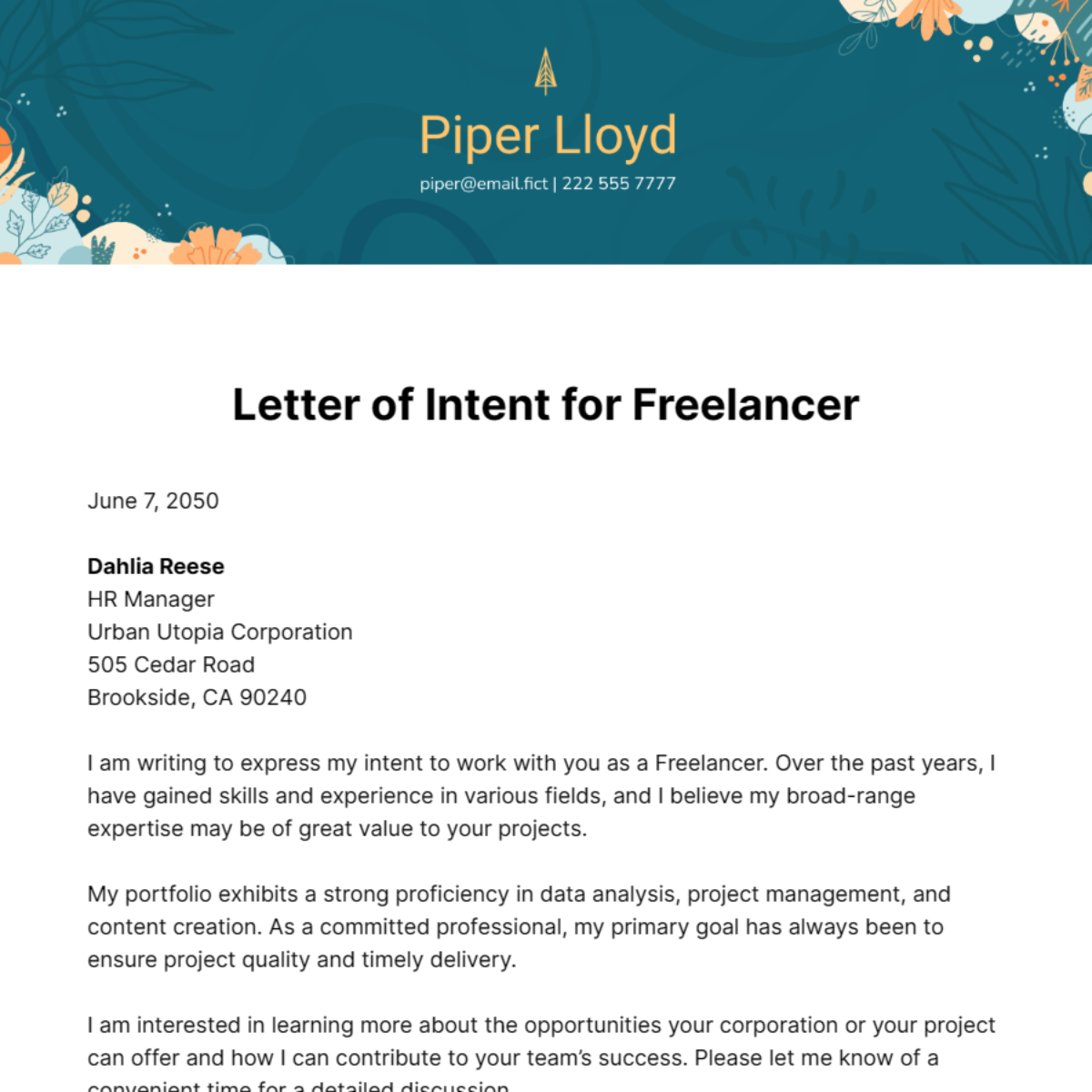 Letter of Intent for Freelancer Template