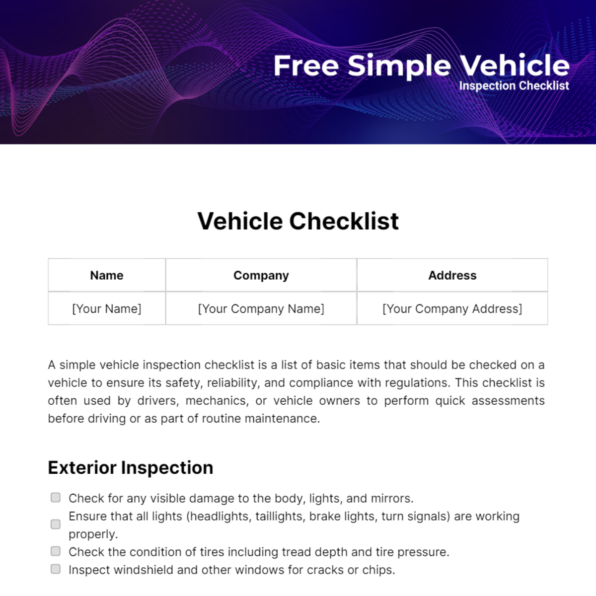 Simple Vehicle Inspection Checklist Template