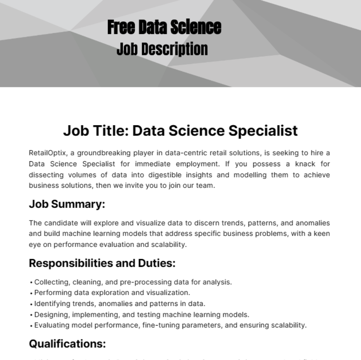 Data Science Job Description Template