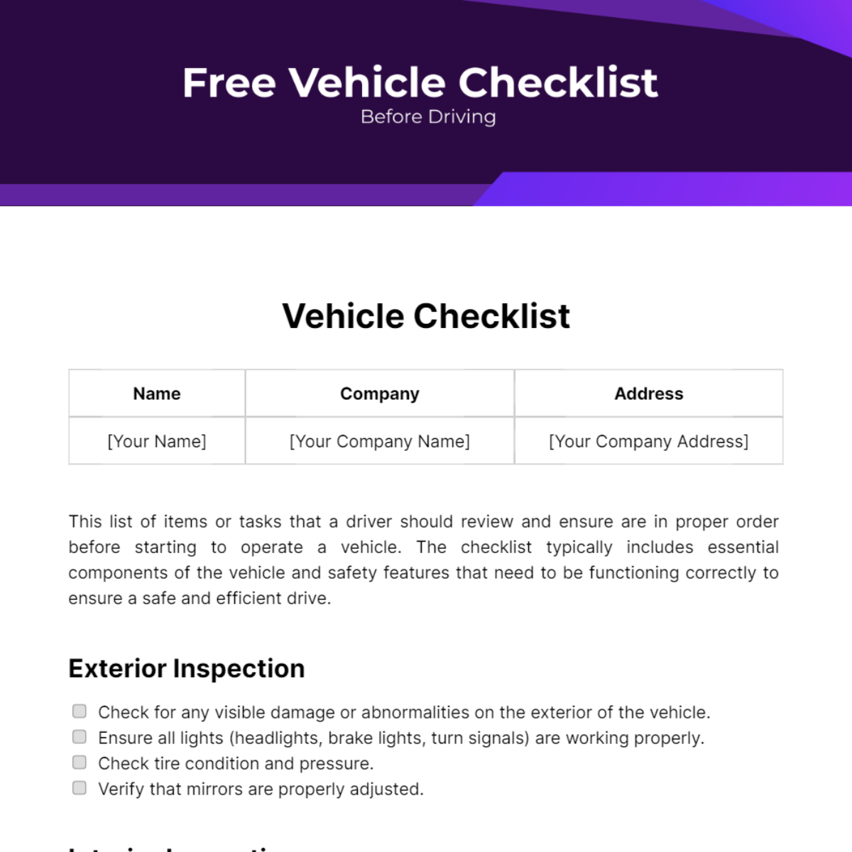 Vehicle Checklist Before Driving Template