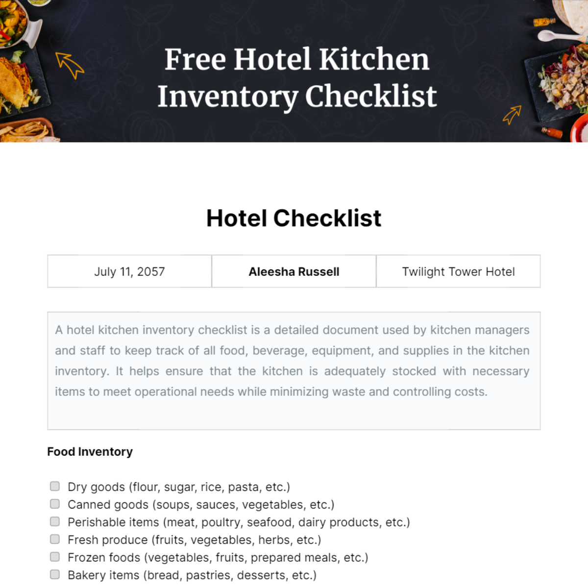Hotel Kitchen Inventory Checklist Template