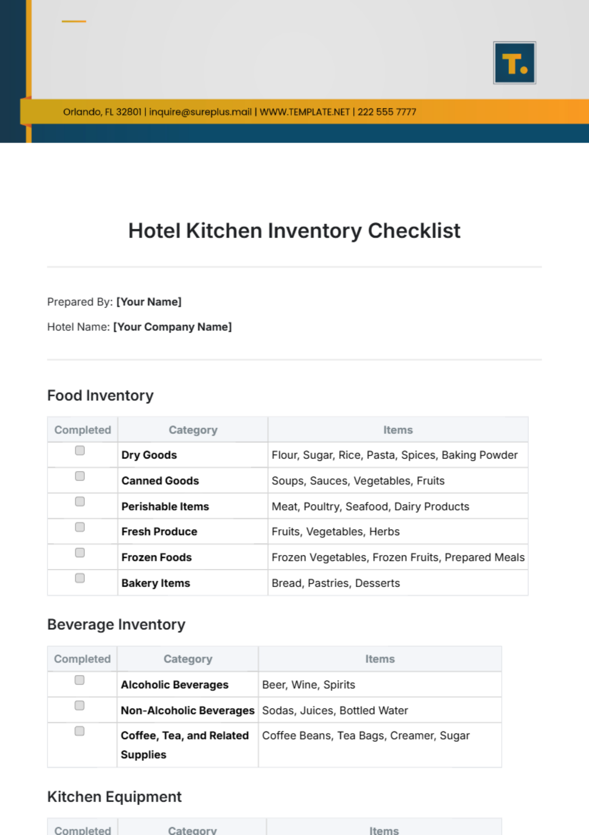 Hotel Kitchen Inventory Checklist Template - Edit Online & Download