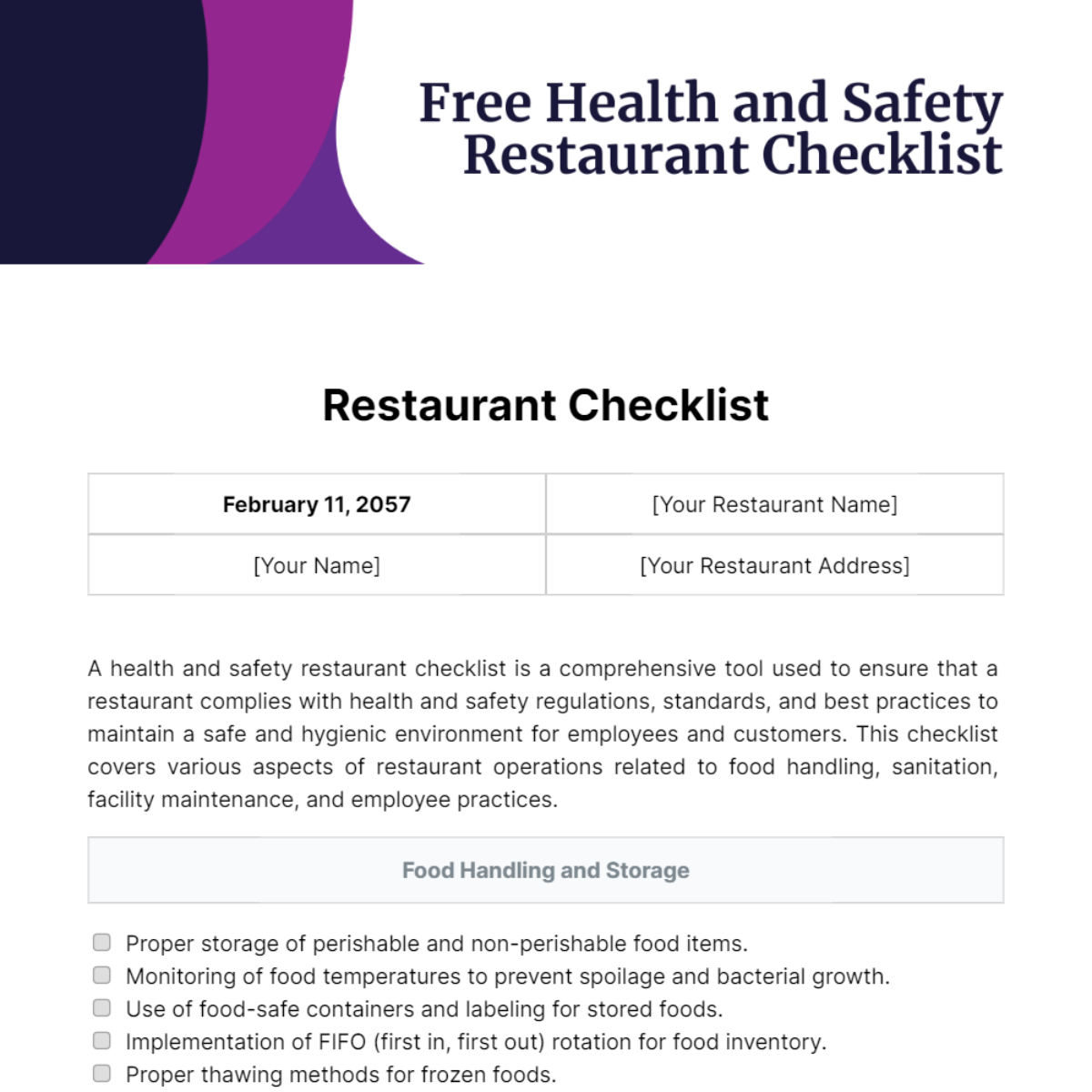 Health and Safety Restaurant Checklist Template