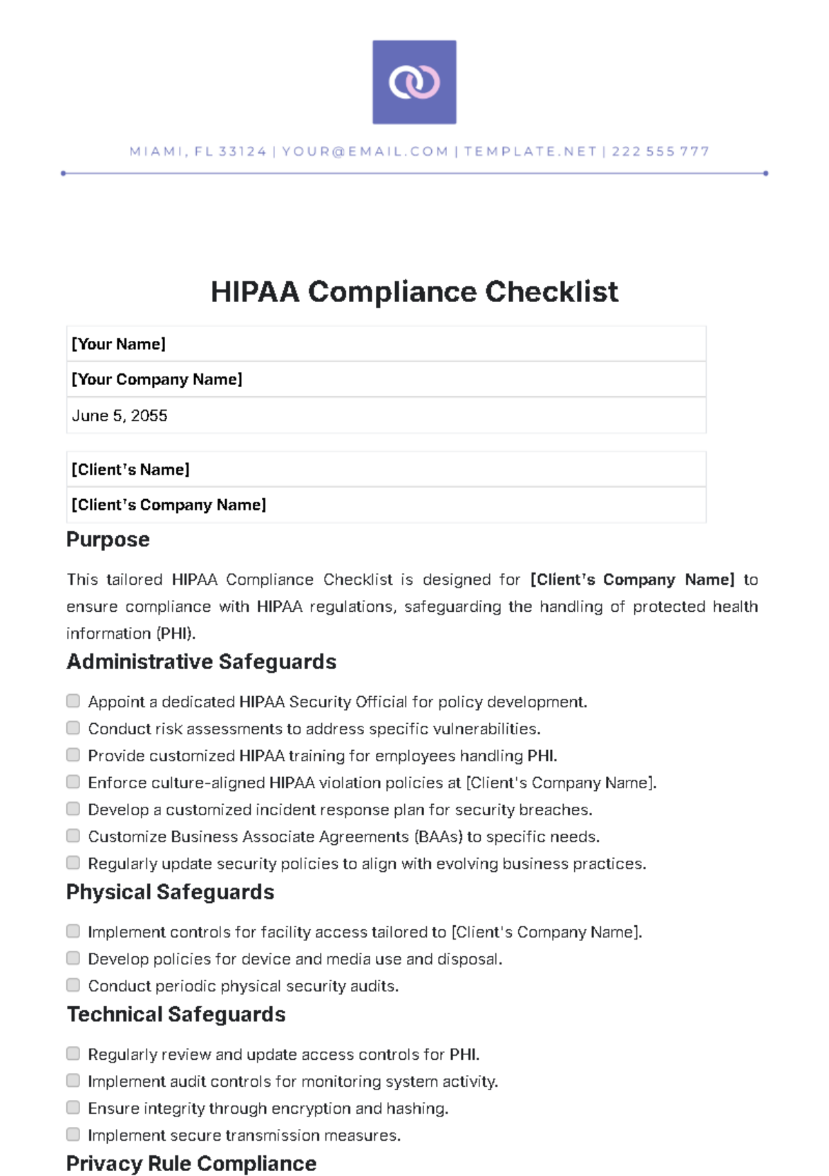 HIPAA Compliance Checklist Template - Edit Online & Download