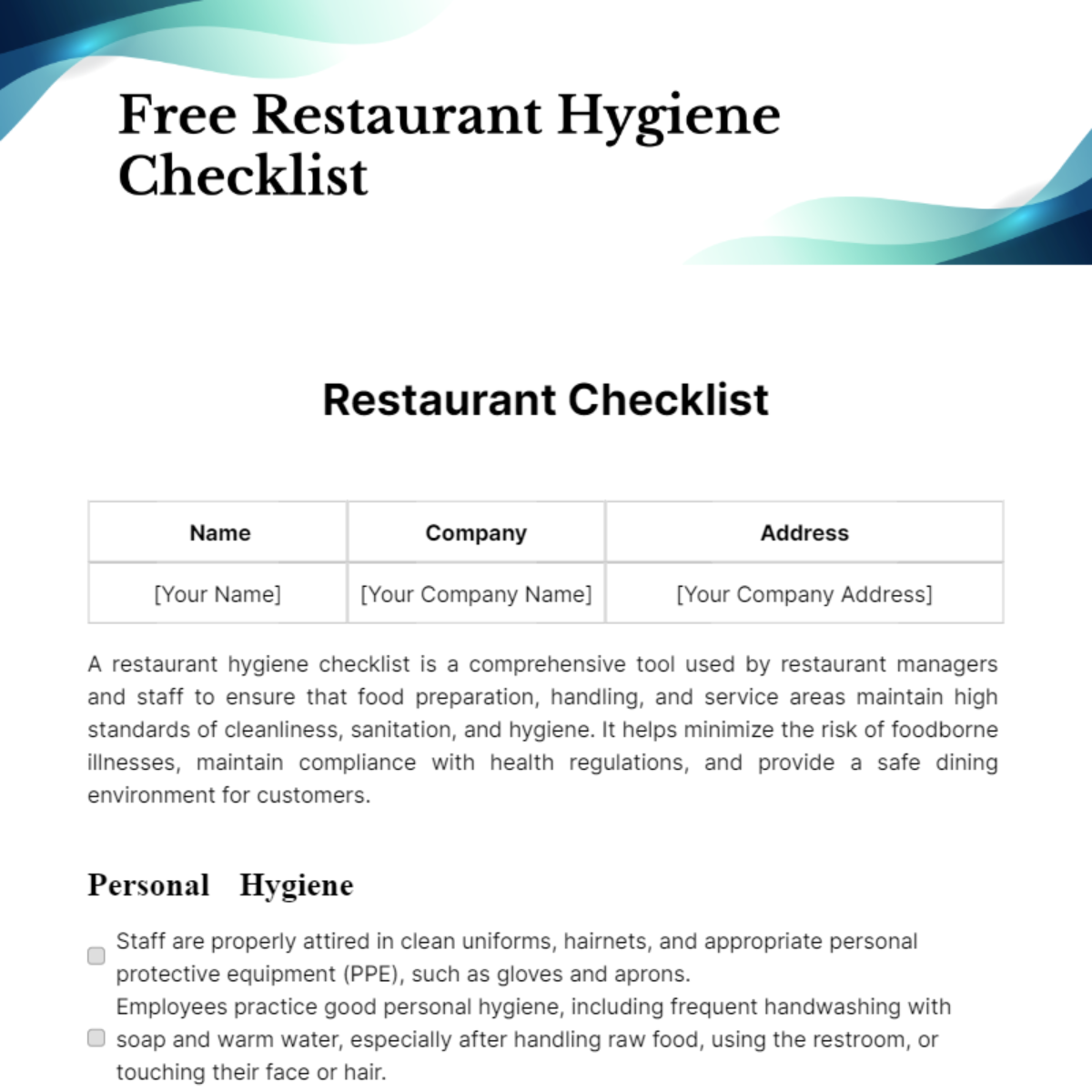 Restaurant Hygiene Checklist Template