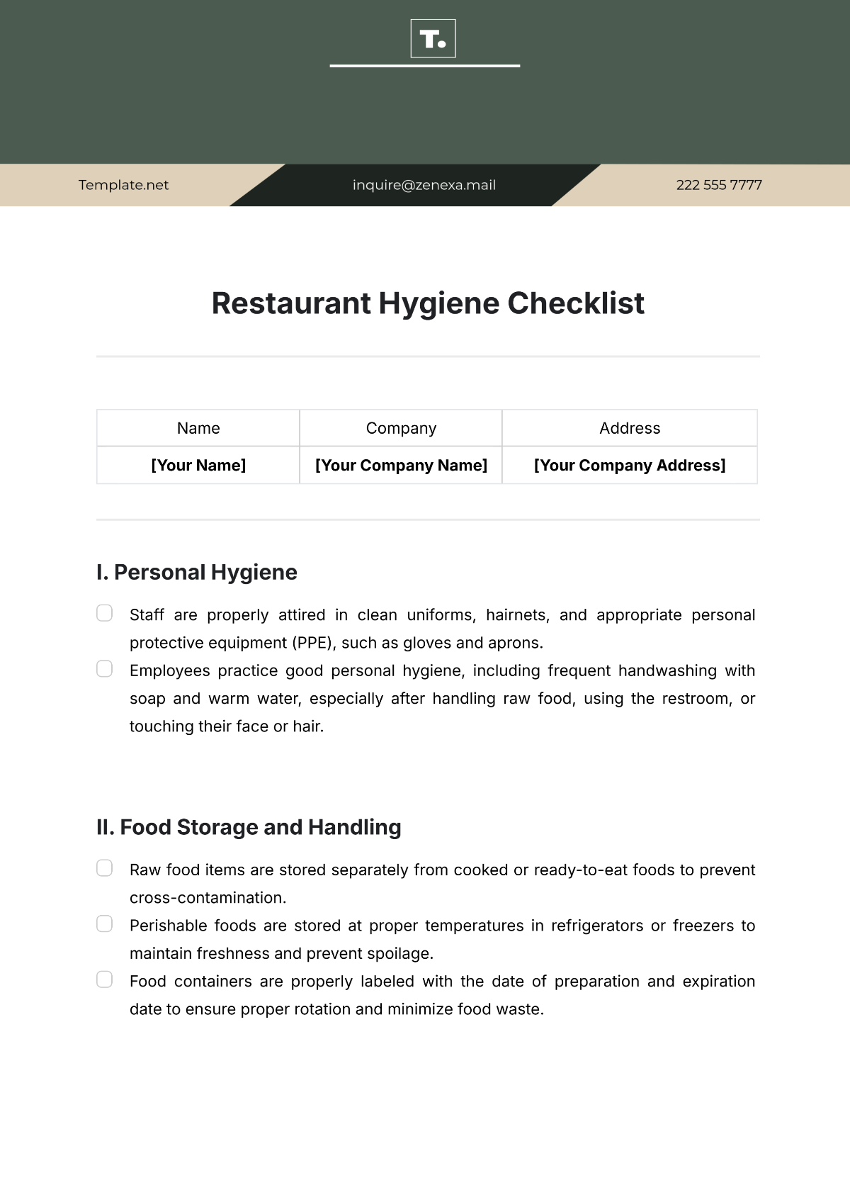 Restaurant Hygiene Checklist Template - Edit Online & Download