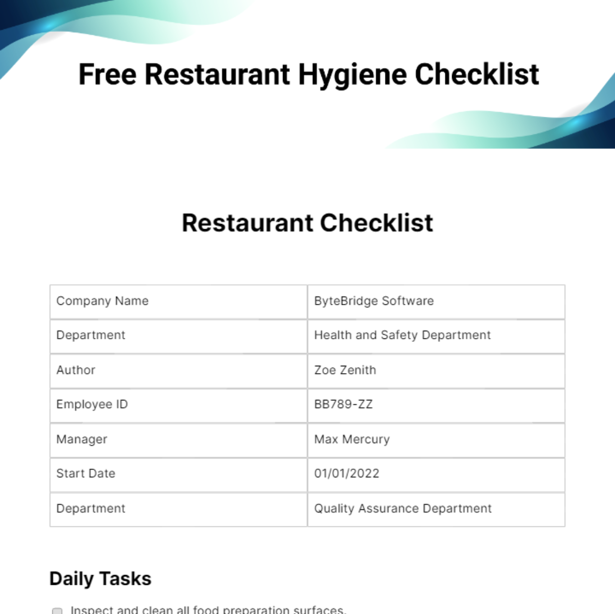 FREE Restaurant Checklist - Edit Online & Download | Template.net