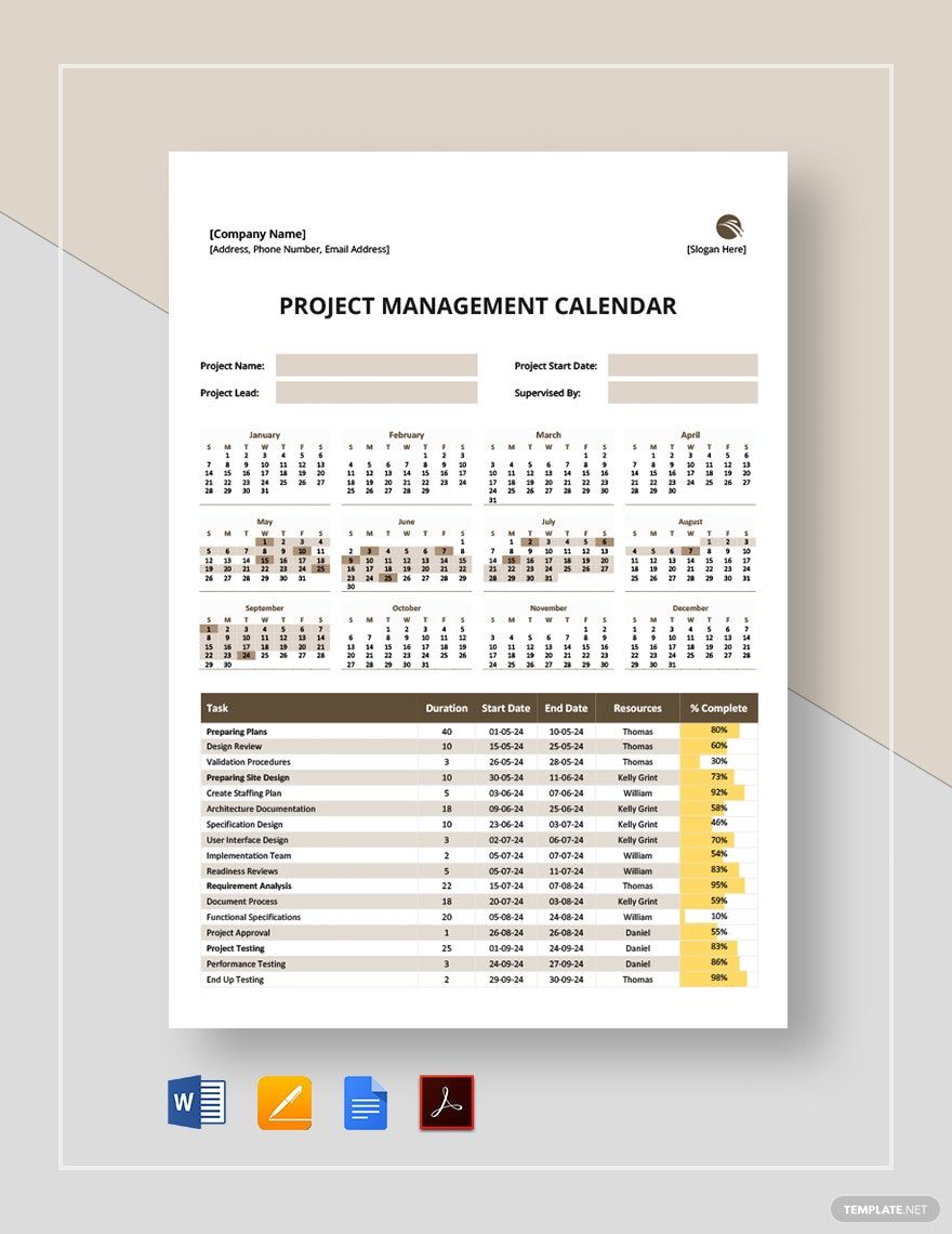 Project Management Calendar Template