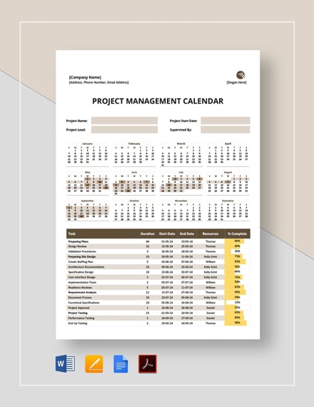 Project Management Calendar 