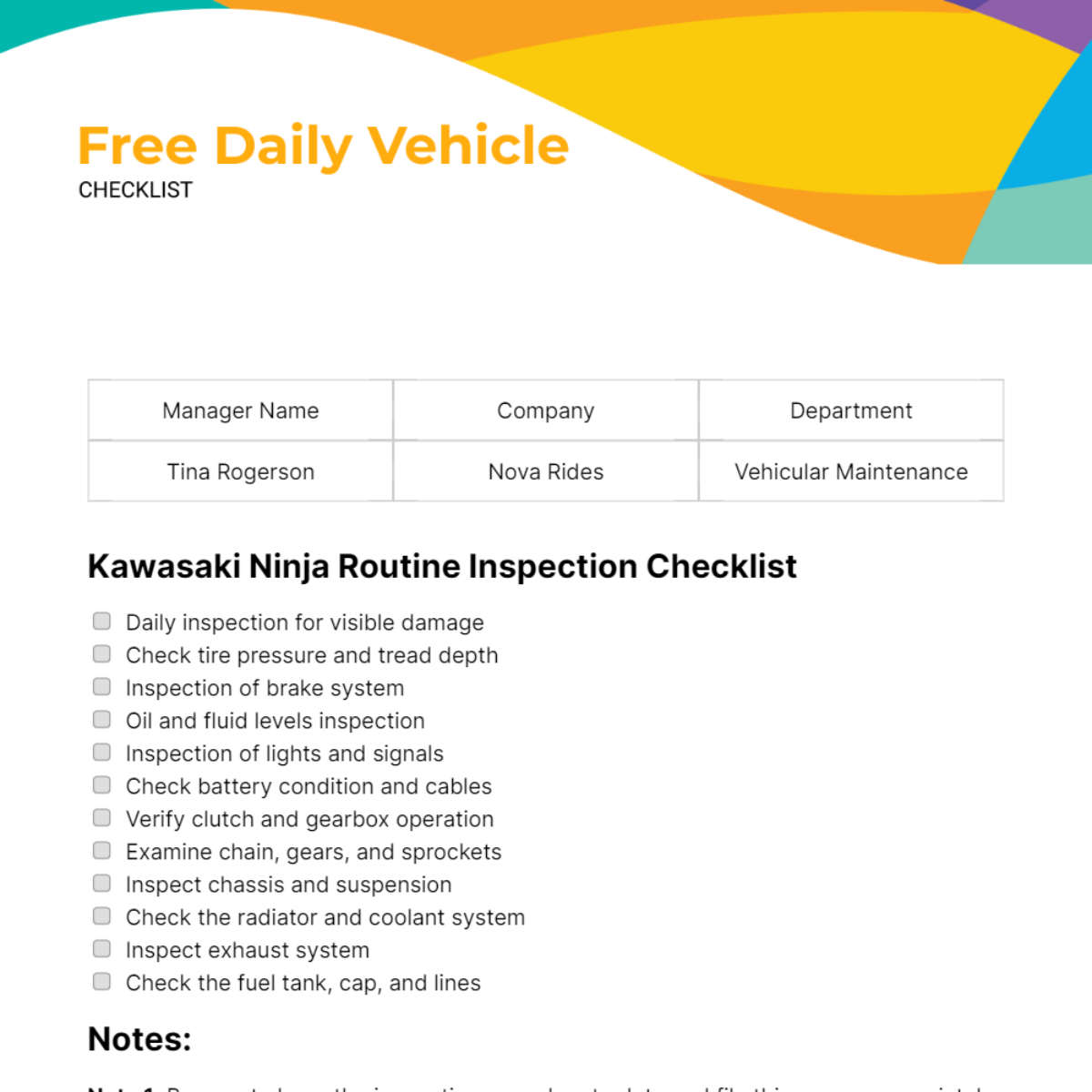 Daily Vehicle Checklist Template