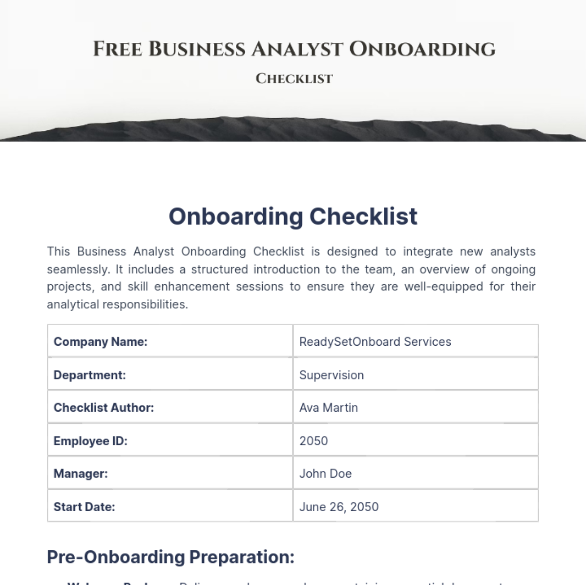 Business Analyst Onboarding Checklist Template