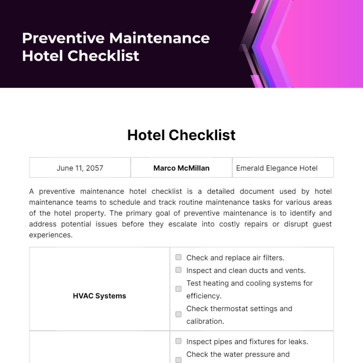 Free Preventive Maintenance Hotel Checklist Template