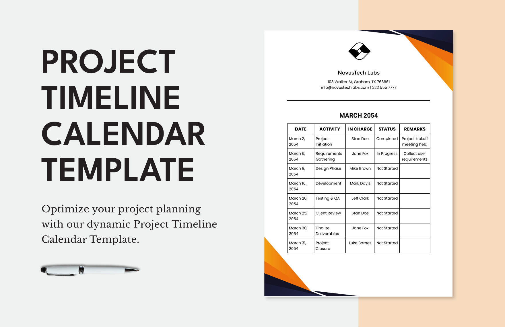 Project Timeline Calendar Template