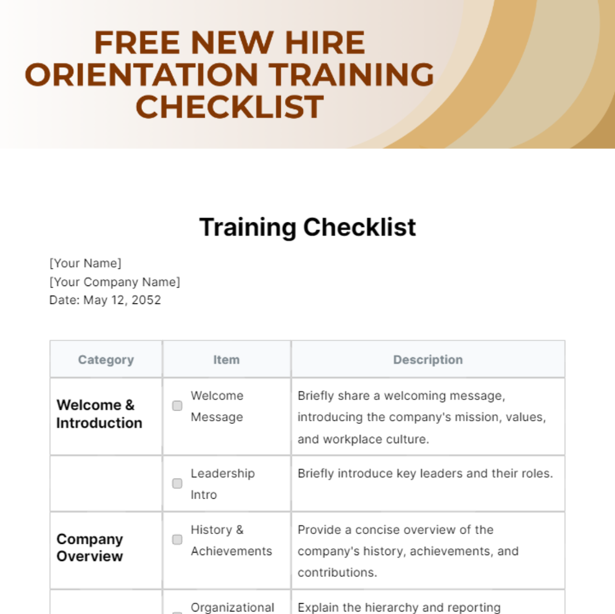 Free New Hire Orientation Training Checklist Template