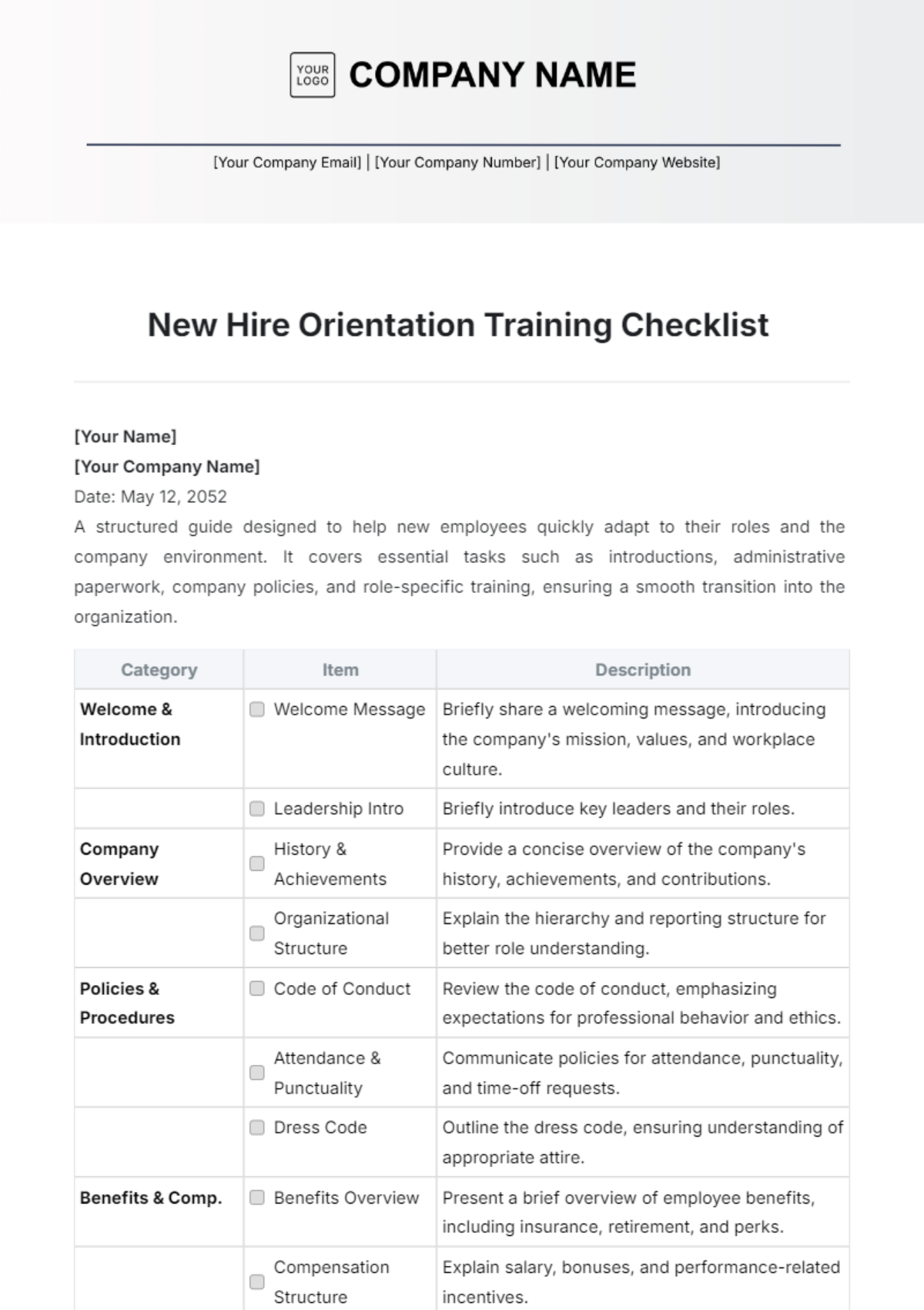 New Hire Orientation Training Checklist Template - Edit Online & Download