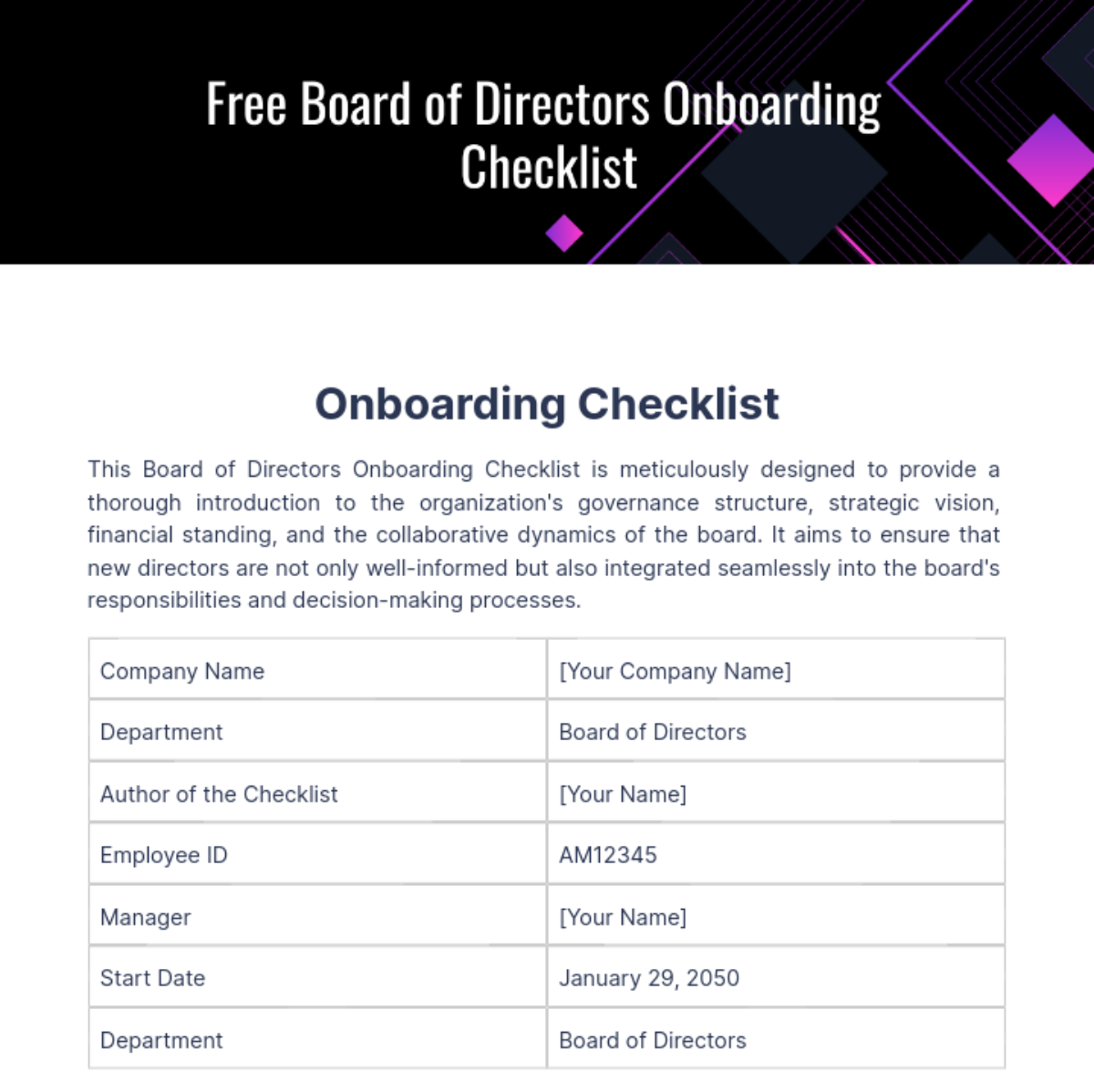 Board of Directors Onboarding Checklist Template