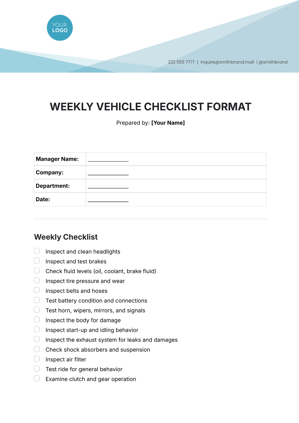 Weekly Vehicle Checklist Format Template - Edit Online & Download