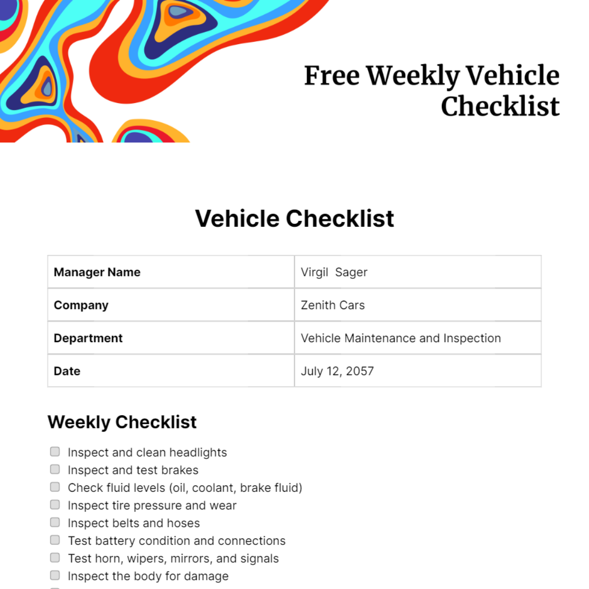 Free Weekly Vehicle Checklist Template
