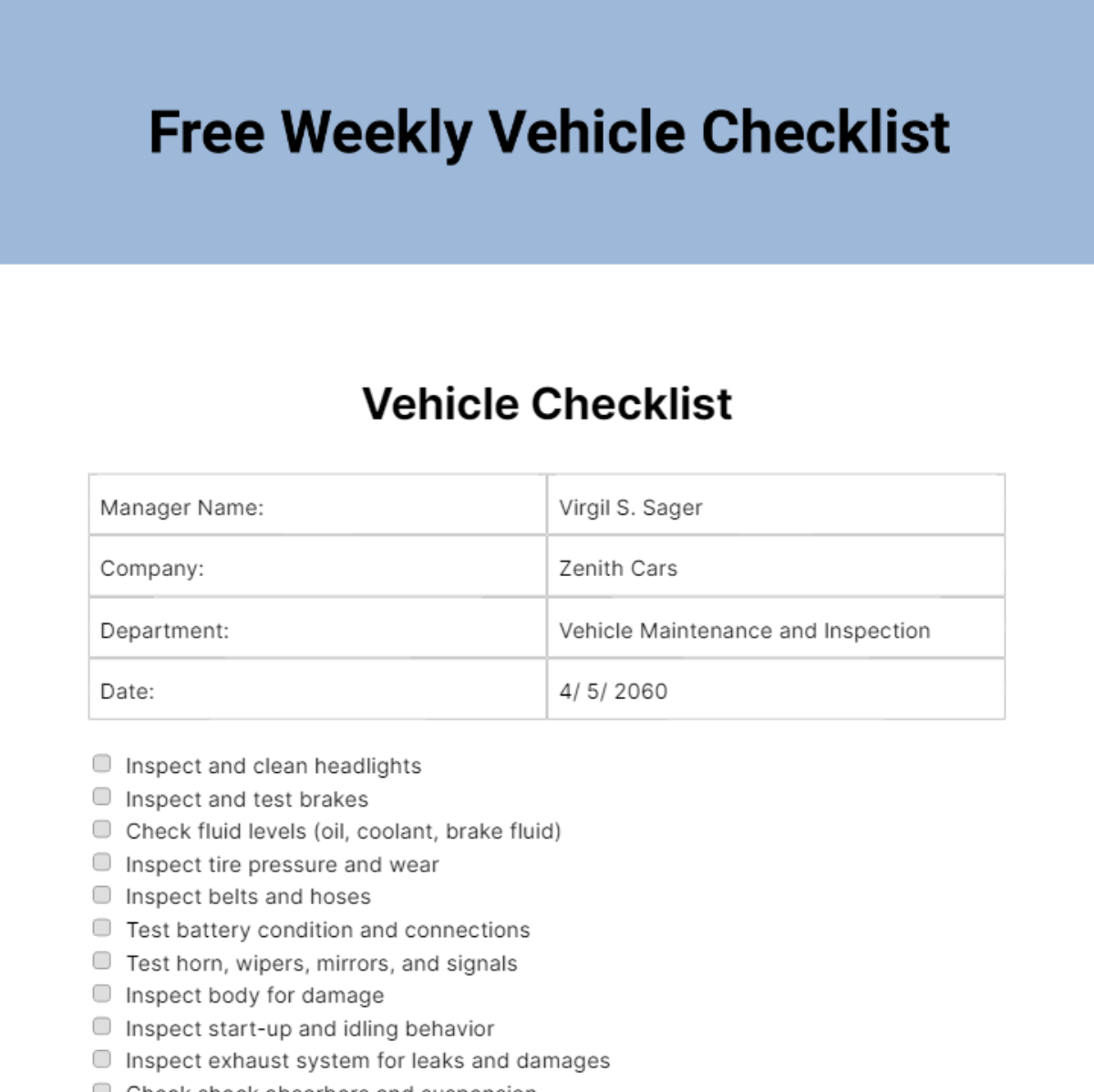 Free Vehicle Checklist Templates Examples Edit Online Download