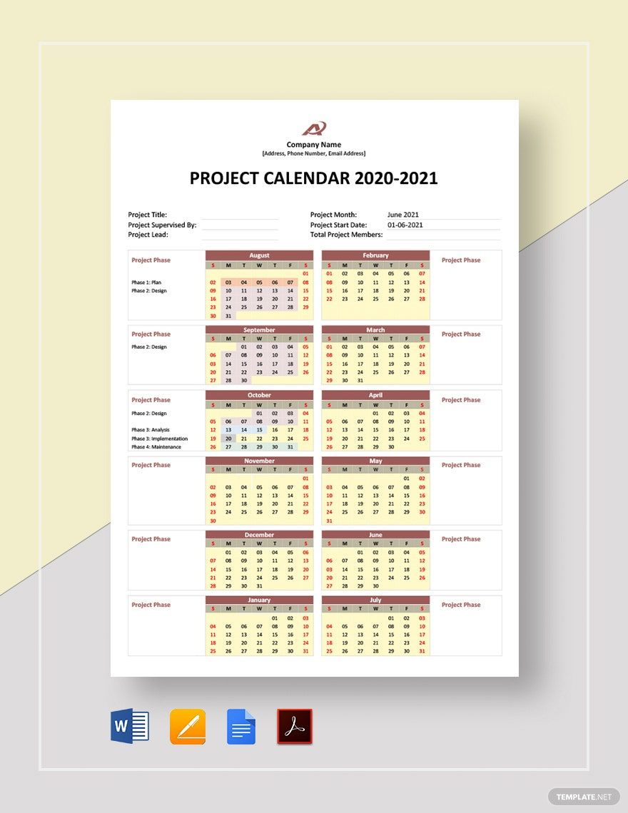 Simple Project Calendar Template in Word, Pages, Google Docs, PDF - Download | Template.net