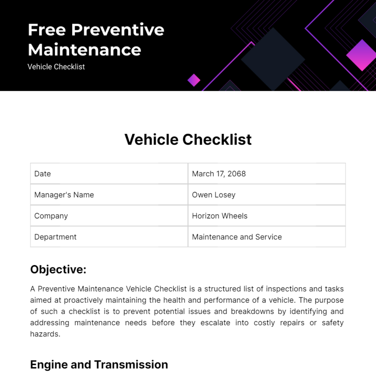 Preventive Maintenance Vehicle Checklist Template